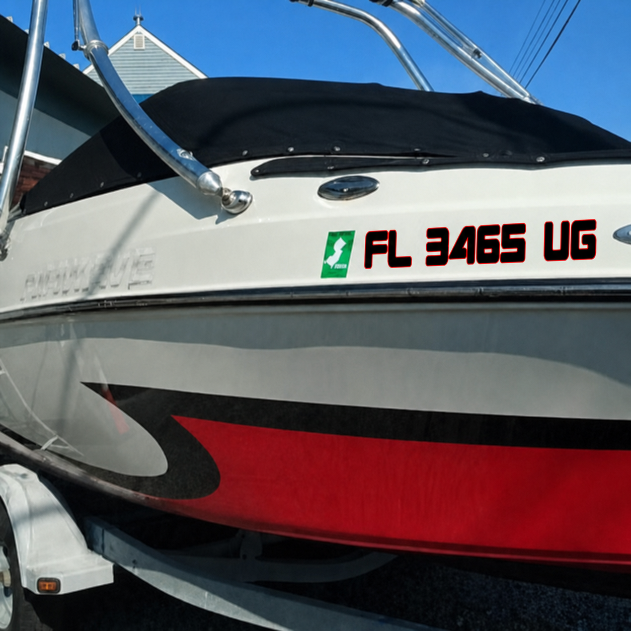 White boat hull with a durable weatherproof vinyl decal